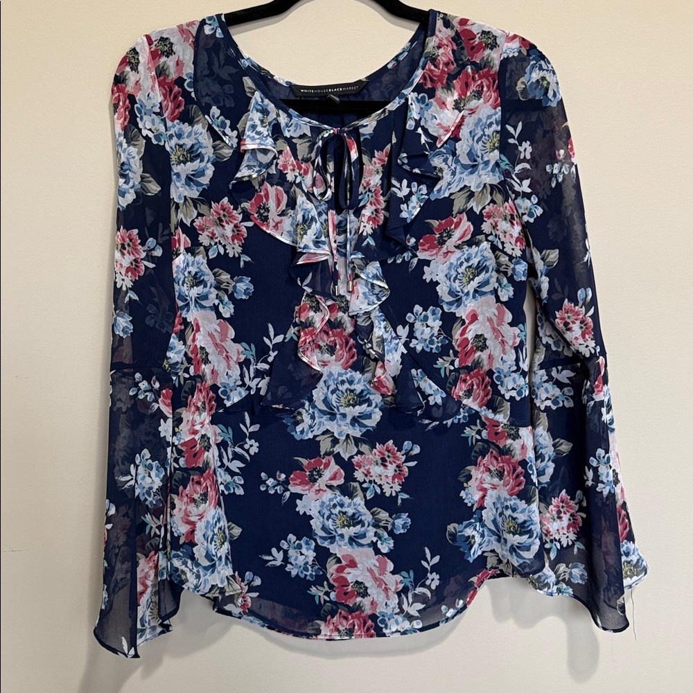 White House Black Market Navy Floral Blouse